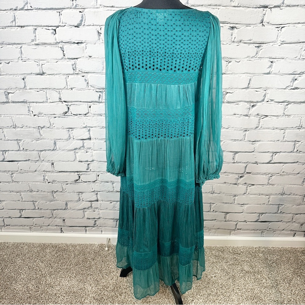 Sundance Adore Moi Long Sleeve Midi Dress Medium Pacific Teal Tiered Sheer Boho - Picture 4 of 12
